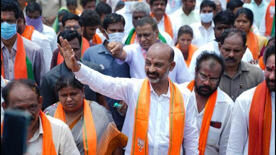 Telangana BJP president Bandi Sanjay during his ‘Praja Sangrama Yatra’ on Friday. (HT photo)