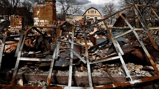 The remnants of a house, that residents say was destroyed by Russian shelling, amid Russia's invasion of Ukraine, in Borodyanka, Kyiv region on April 12, 2022.&nbsp;(REUTERS)