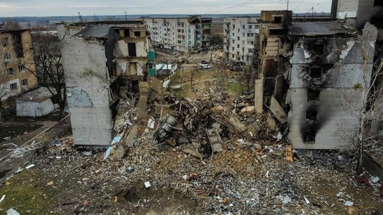 Aerial view a destroyed residential building in the town of Borodianka, northwest of Kyiv during Russia's military invasion launched on Ukraine. (AFP)