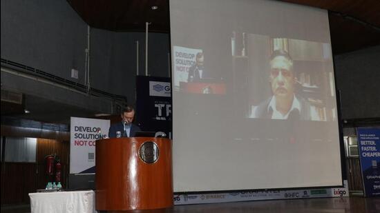 Bryan Rishforth, executive chairman of Graphite GTC, addresses students during IIT Delhi’s Tryst fest 2022 on Friday. (HT photo)