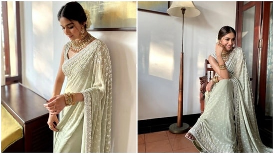 Keerthy Suresh is the epitome of grace in a sea crest georgette&nbsp;saree(Instagram/@keerthysureshofficial)