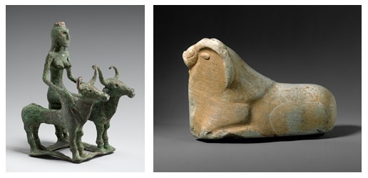 (Above left) Woman Riding Two Brahman Bulls, a bronze sculpture from 2000–1750 BCE. (Above right) A Harappan sculpture of a reclining mouflon, a wild sheep. (Courtesy the Metropolitan Museum of Art) (Above left) Woman Riding Two Brahman Bulls, a bronze sculpture from 2000–1750 BCE. (Above right) A Harappan sculpture of a reclining mouflon, a wild sheep. (Courtesy the Metropolitan Museum of Art)