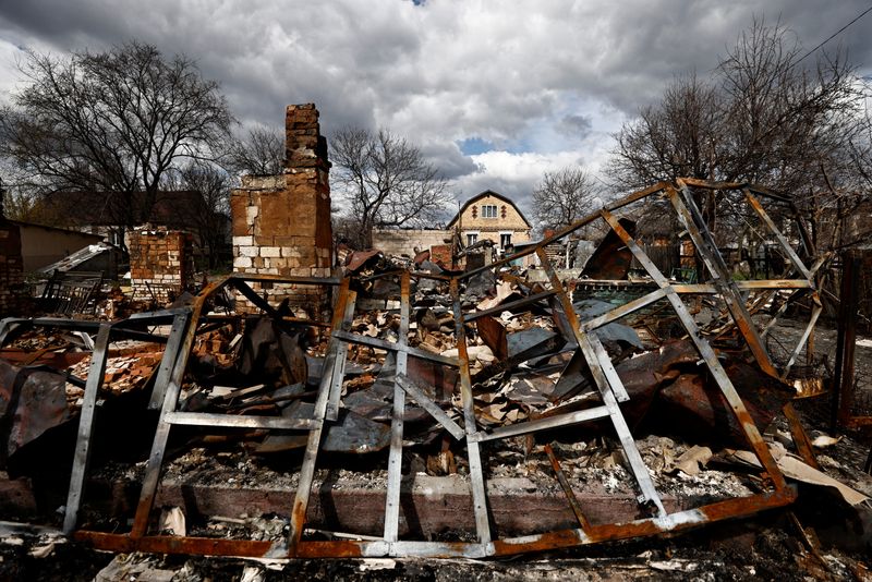The remnants of a house, that residents say was destroyed by Russian shelling, amid Russia's invasion of Ukraine, in Borodyanka, Kyiv region on April 12, 2022.&nbsp;(REUTERS)