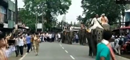 Visuals shared by news agency ANI showed people running and recording the race as two elephants sprinted against each other. (Screengrab)