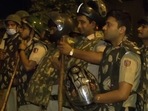 Delhi Police personnel deployed in Jahangirpuri after violence during Hanuman Jayanti procession.(Twitter/ANI) Delhi Police personnel deployed in Jahangirpuri after violence during Hanuman Jayanti procession.(Twitter/ANI)