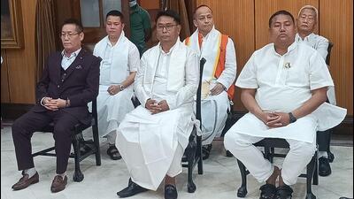 The newly inducted ministers who took oath at the Raj Bhawan in Imphal are Letpao Haokip, Dr Sapam Rajan, Leishengthem Susindro, Heikham Dingo, Thounaojam Basanta and Khasim Vashum. (HT PHOTO.) The newly inducted ministers who took oath at the Raj Bhawan in Imphal are Letpao Haokip, Dr Sapam Rajan, Leishengthem Susindro, Heikham Dingo, Thounaojam Basanta and Khasim Vashum. (HT PHOTO.)