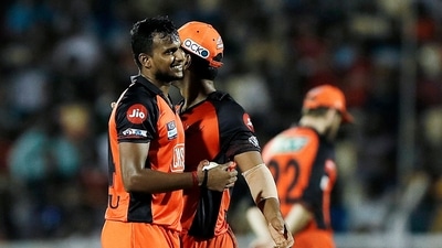 Sunrisers Hyderabad T Natarajan celebrates the dismissal of Kolkata Knight Riders Nitish Rana (ANI) Sunrisers Hyderabad T Natarajan celebrates the dismissal of Kolkata Knight Riders Nitish Rana (ANI)