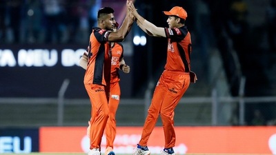 Sunrisers Hyderabad Umran Malik celebrates the dismissal of Kolkata Knight Riders Sheldon Jackson (ANI) Sunrisers Hyderabad Umran Malik celebrates the dismissal of Kolkata Knight Riders Sheldon Jackson (ANI)