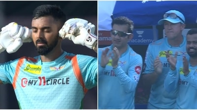 KL Rahul after reaching his ton against Mumbai Indians (IPLt20.com)