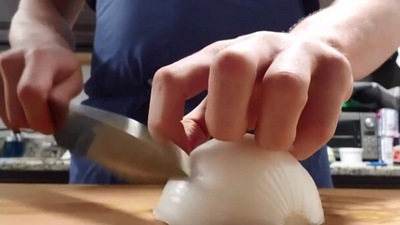 The image, taken from the video, shows a person chopping a onion. (Reddit/@tobago_88)