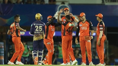 Sunrisers Hyderabad celebrates the wicket of Venkatesh Iyer of the Kolkata Knight Riders during the Indian Premier League 2022 game (PTI) Sunrisers Hyderabad celebrates the wicket of Venkatesh Iyer of the Kolkata Knight Riders during the Indian Premier League 2022 game (PTI)