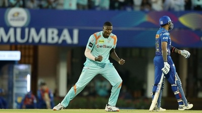 Jason Holder of Lucknow Super Giants celebrates the wicket of N. Tilak Varma of Mumbai Indians (PTI)