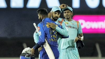 KL Rahul of Lucknow Super Giants and Jasprit Bumrah of Mumbai Indians greet each other after the game (PTI) KL Rahul of Lucknow Super Giants and Jasprit Bumrah of Mumbai Indians greet each other after the game (PTI)
