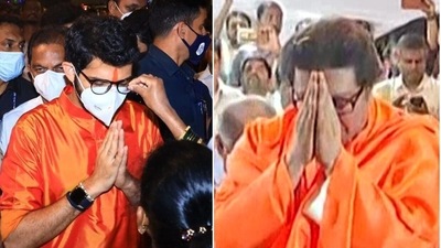 Maharashtra minister Aaditya Thackeray offered prayers at temples in Mumbai to mark Hanuman Jayanti. His uncle Raj Thackeray performed ‘maha aarti’ at a temple in Pune (ANI, Twitter/Aaditya Thackeray) Maharashtra minister Aaditya Thackeray offered prayers at temples in Mumbai to mark Hanuman Jayanti. His uncle Raj Thackeray performed ‘maha aarti’ at a temple in Pune (ANI, Twitter/Aaditya Thackeray)