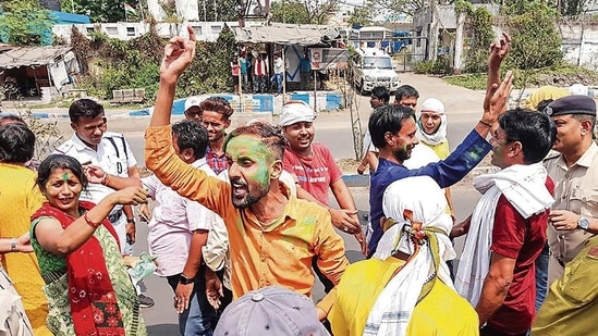 TMC supporters celebrate after their party's win in the Asansol Lok Sabha seat. PTI TMC supporters celebrate after their party's win in the Asansol Lok Sabha seat. PTI