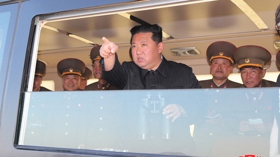 North Korean leader Kim Jong Un gestures as he watches the test-firing of a new-type tactical guided weapon according to state media, North Korea.(REUTERS)