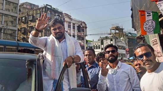 Kolkata: TMC candidate Babul Supriyo during his election campaign for the Ballygunge Assembly by-polls, in Kolkata.(PTI)