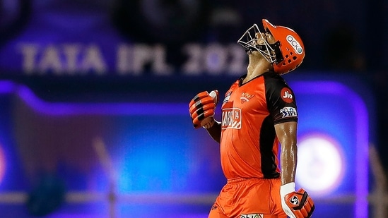 Rahul Tripathi of the Sunrisers Hyderabad celebrates his half century during the Indian Premier League 2022 match between Sunrisers Hyderabad and Kolkata Knight Riders(PTI)