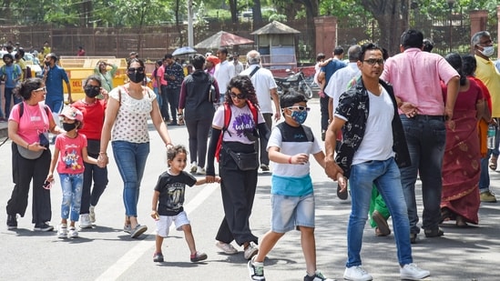 Tourists visit the historic Red Fort on a hot summer day, amid a slight surge in coronavirus cases, in New Delhi.(PTI)