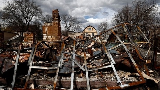 The remnants of a house, that residents say was destroyed by Russian shelling, amid Russia's invasion of Ukraine, in Borodyanka, Kyiv region.