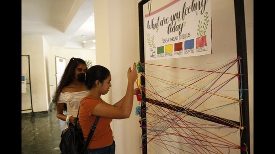 Colourful threads were used, in an interactive activity by Adwitiya, the fine arts society of Miranda House. (Photo: Shantanu Bhattacharya/HT) Colourful threads were used, in an interactive activity by Adwitiya, the fine arts society of Miranda House. (Photo: Shantanu Bhattacharya/HT)