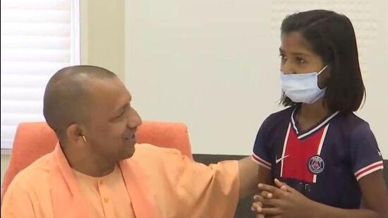 Kajal with Uttar Pradesh CM Yogi Adityanath in Lucknow on Saturday. (HT PHOTO.)