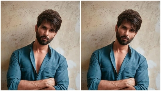 Shahid paired a rusted blue cotton shirt with mandarin collars with a pair of high-waisted formal cotton trousers of the same shade.(Instagram/@shahidkapoor)