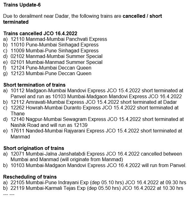 List of trains cancelled, rescheduled, short terminated. List of trains cancelled, rescheduled, short terminated.