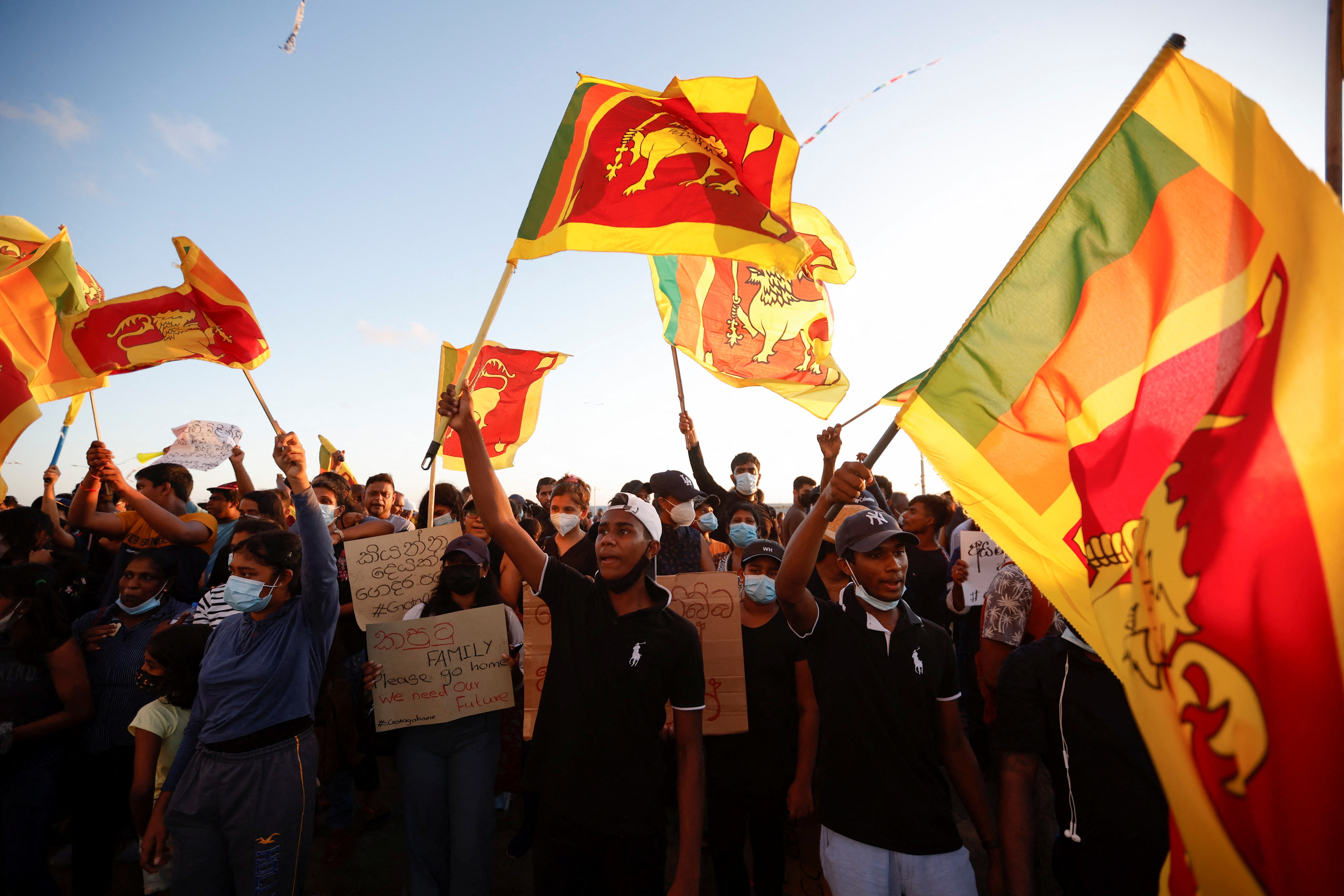 Demonstrators shout slogans during a protest at Galle Face, in Colombo, Sri Lanka. (REUTERS)