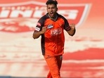 Sunrisers Hyderabad Umran Malik celebrates after picking a wicket against Punjab Kings
