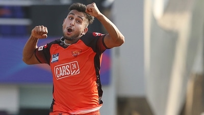 Umran Malik of Sunrisers Hyderabad celebrates the wicket of Rahul Chahar (PTI) Umran Malik of Sunrisers Hyderabad celebrates the wicket of Rahul Chahar (PTI)