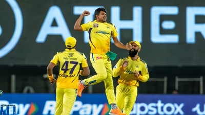 Pune: Maheesh Theekshana of Chennai Super Kings celebrates the wicket of Vijay Shankar of Gujarat Titans, during the Indian Premier League 2022 cricket match between Gujarat Titans and Chennai Super Kings, at the MCA International Stadium, in Pune, Sunday, April 17, 2022. (Sportzpics/PTI Photo)(PTI04_17_2022_000226B) (PTI) Pune: Maheesh Theekshana of Chennai Super Kings celebrates the wicket of Vijay Shankar of Gujarat Titans, during the Indian Premier League 2022 cricket match between Gujarat Titans and Chennai Super Kings, at the MCA International Stadium, in Pune, Sunday, April 17, 2022. (Sportzpics/PTI Photo)(PTI04_17_2022_000226B) (PTI)