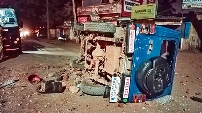 A damaged police vehicle following violence in Karnataka’s Hubballi district on Saturday. PTI A damaged police vehicle following violence in Karnataka’s Hubballi district on Saturday. PTI
