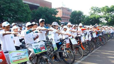 Hindustan Petroleum held a cycle rally in Panchkula to spread awareness on for fuel conservation. (HT Photoq) Hindustan Petroleum held a cycle rally in Panchkula to spread awareness on for fuel conservation. (HT Photoq)