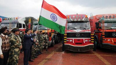 The first convoy of 50 trucks carrying wheat as humanitarian aid for Afghanistan had been flagged off in February. India first made the offer to send 50,000 tonnes of wheat via Pakistani land routes on October 7 last year. (ANI PHOTO.)