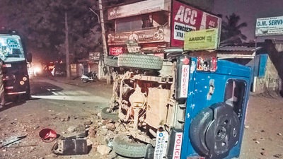 A damaged police vehicle following violence in Karnataka’s Hubballi district on Saturday. (PTI) A damaged police vehicle following violence in Karnataka’s Hubballi district on Saturday. (PTI)