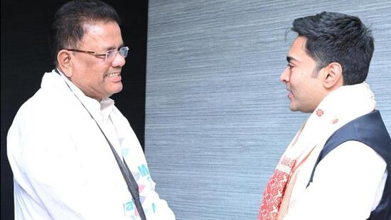 Ripun Bora, who was the Congress candidate for last month’s Rajya Sabha polls (which he lost), joined TMC in Kolkata in the presence of party national general secretary Abhishek Banerjee. (TWITTER/@abhishekaitc.)