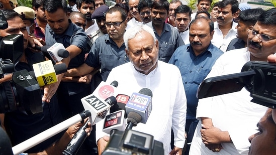 Bihar Chief Minister Nitish Kumar speaks to the media after paying last respects to former MP and JDU leader Naval Kishore Rai, who passed away. (ANI Photo)(Pappi Sharma)