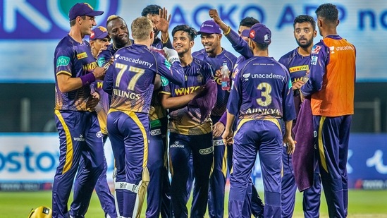 Kolkata Knight Riders players celebrate the wicket of Dewald Brevis of Mumbai Indians(PTI)