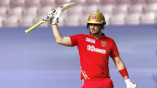 Liam Livingstone of Punjab Kings raises his bat after scoring a half century(IPL)