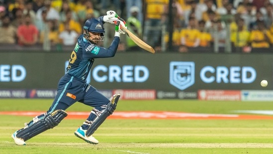 Rashid Khan of Gujarat Titans plays a shot during the Indian Premier League 2022 cricket match between Gujarat Titans and Chennai Super Kings, at the MCA International Stadium. (PTI)