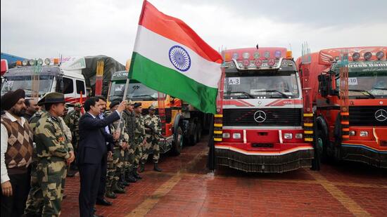 The first convoy of 50 trucks carrying wheat as humanitarian aid for Afghanistan had been flagged off in February. India first made the offer to send 50,000 tonnes of wheat via Pakistani land routes on October 7 last year. (ANI PHOTO.) The first convoy of 50 trucks carrying wheat as humanitarian aid for Afghanistan had been flagged off in February. India first made the offer to send 50,000 tonnes of wheat via Pakistani land routes on October 7 last year. (ANI PHOTO.)
