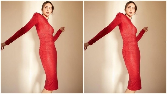 Rakul Preet played muse to the fashion designer house The House of Exotique and picked the shimmery red dress for the photoshoot.(Instagram/@rakulpreet)