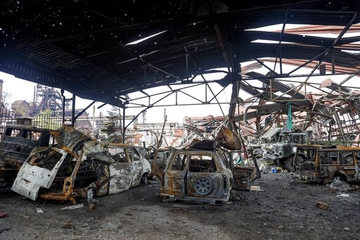The gutted remains of vehicles are seen at the Illich Iron & Steel Works Metallurgical Plant on Saturday, April 16, 2022. (AP Photo/Alexei Alexandrov) (AP) The gutted remains of vehicles are seen at the Illich Iron & Steel Works Metallurgical Plant on Saturday, April 16, 2022. (AP Photo/Alexei Alexandrov) (AP)