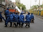 RAF personnel at a site where violence broke out between two communities during the Shobha Yatra procession on Hanuman Jayanti at Jahangirpuri in New Delhi.&nbsp;