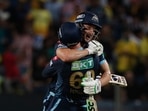 David Miller and Lockie Ferguson of Gujarat Titans hug each other after Gujarat Titans won (PTI) David Miller and Lockie Ferguson of Gujarat Titans hug each other after Gujarat Titans won (PTI)
