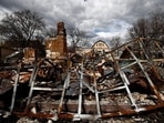 The remnants of a house, that residents say was destroyed by Russian shelling, amid Russia's invasion of Ukraine