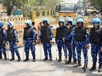 Security personnel deployed after the violence during a Hanuman Jayanti procession in Delhi's Jahangirpuri area, in Jahangirpuri in New Delhi. (HT Photo) Security personnel deployed after the violence during a Hanuman Jayanti procession in Delhi's Jahangirpuri area, in Jahangirpuri in New Delhi. (HT Photo)