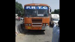 The PRTC bus that ran over and killed a 12-year-old student and left three other students at Mehlan Chowk in Sangrur on Monday. (HT Photo)