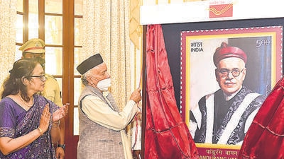 Mumbai, India - April 18, 2022: Governor Bhagat Singh Koshyari releases a commemorative stamp on Mahamahopadhyaya Bharat Ratna Dr. Pandurang Vaman Kane on the occasion of the 50th death anniversary of the great Indologist and Sanskrit scholar along with Chairman of the Board of Trustees of the Asiatic Society Eknath Kshirsagar (R) and Chief Post Master General of Maharashtra Circle Veena Srinivas (L) at Raj Bhavan, in Mumbai, India, on Monday, April 18, 2022. (Photo by Anshuman Poyrekar/Hindustan Times) (Anshuman Poyrekar/HT PHOTO) Mumbai, India - April 18, 2022: Governor Bhagat Singh Koshyari releases a commemorative stamp on Mahamahopadhyaya Bharat Ratna Dr. Pandurang Vaman Kane on the occasion of the 50th death anniversary of the great Indologist and Sanskrit scholar along with Chairman of the Board of Trustees of the Asiatic Society Eknath Kshirsagar (R) and Chief Post Master General of Maharashtra Circle Veena Srinivas (L) at Raj Bhavan, in Mumbai, India, on Monday, April 18, 2022. (Photo by Anshuman Poyrekar/Hindustan Times) (Anshuman Poyrekar/HT PHOTO)